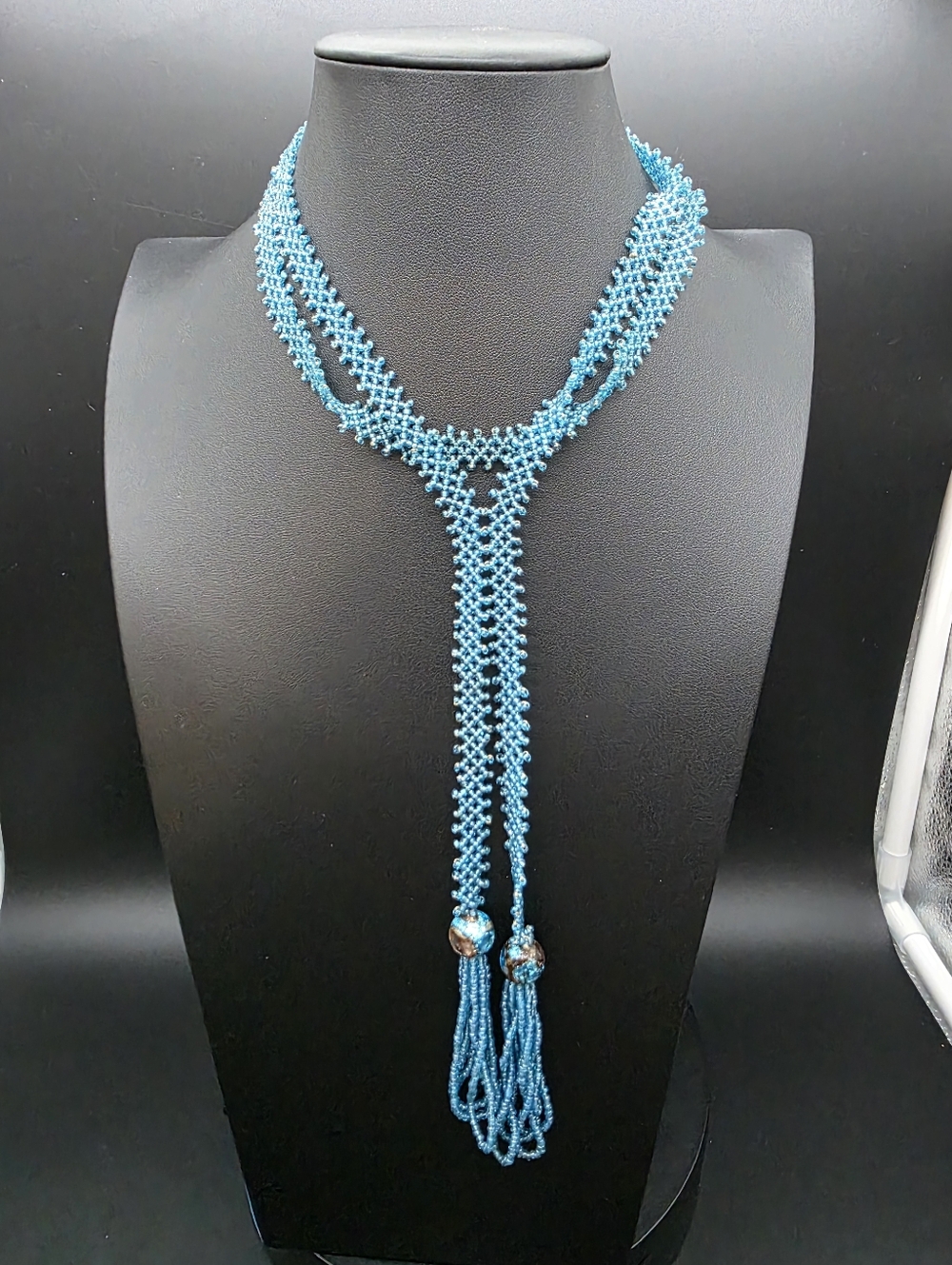 1920's Handmade Turquoise Glasz Beaded Lariat Necklace - Women Jewelry